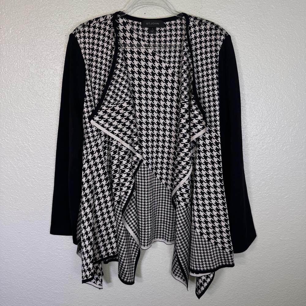 St. John Cardigan Womens XL Houndstooth Open Front Rayon Wool Blend Sweater Blk